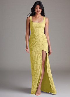 Azazie Mero Bridesmaid Dresses Canary Sheath Pleated Floral Burnout Dress image4