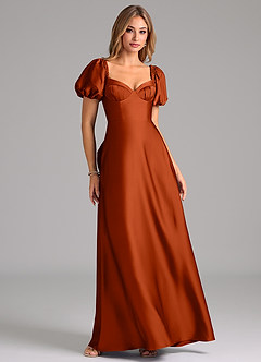 Azazie Fatima Bridesmaid Dresses Paprika A-Line Pleated Stretch Satin Dress image1