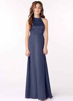 Azazie Laurel Junior Robe Trapèze en Mat Satiné Bleu Orageux image1