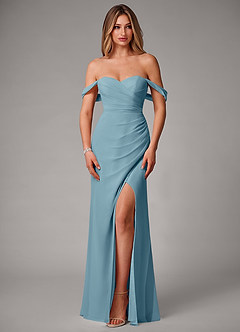 Azazie Haisley Bridesmaid Dresses Moody Blue Sheath Off the Shoulder Chiffon Convertible Dress image4