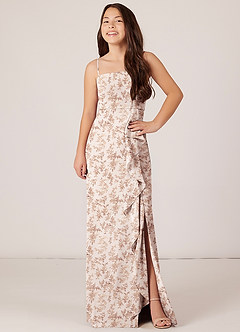 Azazie Kaylee Junior Pink Fern Floral A-Line with Belt Chiffon Dress image4