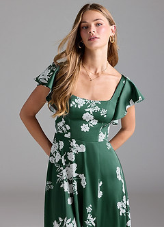 Azazie Bondi Bridesmaid Dresses Green Botanicals A-Line Bow Stretch Satin Dress image6