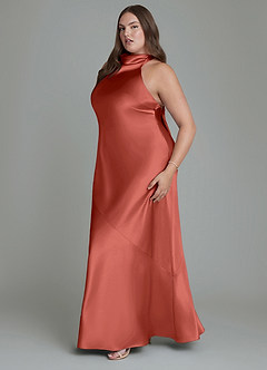 Azazie Velli Bridesmaid Dresses Terracotta Sheath High Neck Metallic Satin Dress image13
