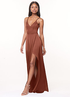 Azazie Maksim Bridesmaid Dresses Clay A-Line V-Neck Stretch Satin Dress image4