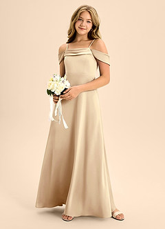 Azazie Anselie Junior Champagne A-Line Off the Shoulder Stretch Satin Dress image1