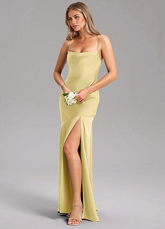 Azazie Grata Bridesmaid Dresses Lemon Sorbet Sheath Side Slit Stretch Satin Dress image4