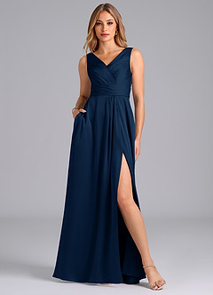 Azazie Karina Bridesmaid Dresses Dark Navy A-Line Pleated Stretch Satin Dress image1