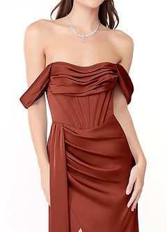 Azazie Amyra Bridesmaid Dresses Terracotta Sheath Off the Shoulder Stretch Satin Convertible Dress image9