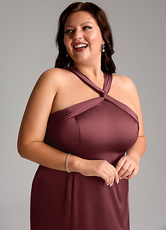 Azazie Rue Bridesmaid Dresses Merlot A-Line Pleated Stretch Satin Dress image13