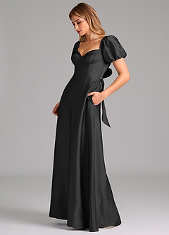 Azazie Fatima Bridesmaid Dresses Black A-Line Pleated Stretch Satin Dress image5