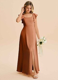 Azazie Bondi Junior Copper A-Line Side Slit Stretch Satin Dress image3