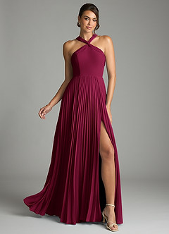 Azazie Afra At-home Try On Dresses Burgundy A-Line Pleated Chiffon Dress image1