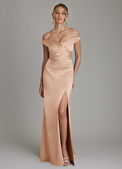 Azazie Teyana Bridesmaid Dresses English Rose Sheath Off the Shoulder Stretch Satin Dress image4