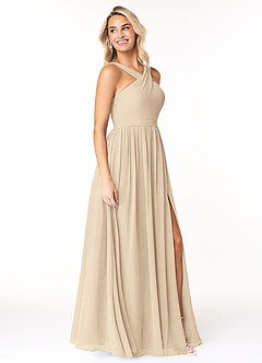 Azazie Elvira At-home Try On Dresses Champagne A-Line Pleated Chiffon Dress image4