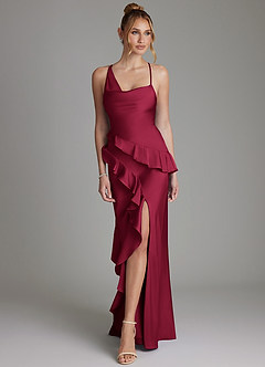 Azazie Jayda Bridesmaid Dresses Burgundy A-Line Ruched Stretch Satin Dress image4
