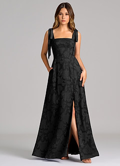 Azazie Debra Bridesmaid Dresses Black A-Line with Pockets Floral Burnout Dress image1