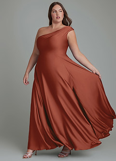 Azazie Melanie Vestidos de madrinha de casamento Vestido Castanho Aloirado de Cetim elástico de Linha A com Ombros Caídos image10