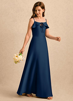Azazie Kapri Girls Formal Robe Demoiselle D'honneur Fillette Robe Trapèze en Satin extensible Rayé Bleu Marine Foncé image3