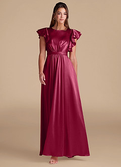 Azazie Daphne Modest Bridesmaid Dresses A-Line Ruched Metallic Satin Floor-Length Dress image3