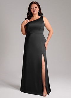 Azazie Phaedra Bridesmaid Dresses Black A-Line One Shoulder Stretch Satin Dress image1