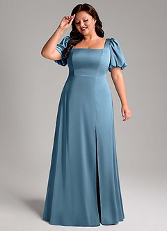 Azazie Fyona Vestidos de damas de honor Vestido de Azul Acero de Satén Elástico de Corte en A con Plisado image11