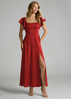 Azazie Bondi Bridesmaid Dresses Pomegranate A-Line Ruched Stretch Satin Dress image1