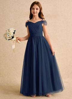 Azazie Yuna Girls Formal Flower Girl Dresses Dark Navy A-Line Off the Shoulder Tulle Dress image5