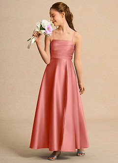 Azazie Pebbles Girls Formal Flower Girl Dresses Salmon Pink A-Line Pleated Matte Satin Dress image4