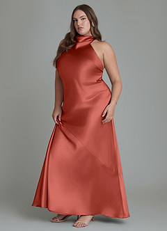 Azazie Velli Bridesmaid Dresses Terracotta Sheath High Neck Metallic Satin Dress image12