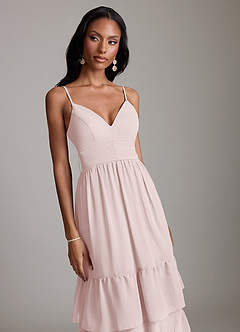 Azazie Nathalia 신부 들러리 드레스 A라인 셔링 쉬폰 바닥 길이 드레스 image3