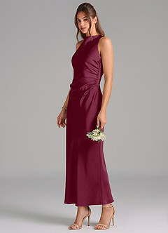 Azazie Evadne Vestidos de damas de honor Vestido de Mora de Satén Elástico de Corte Recto con Plisado image1