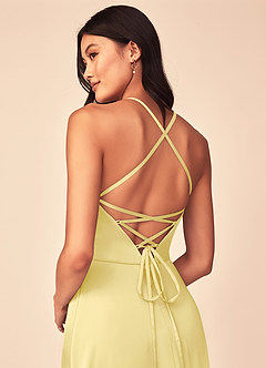 Azazie Mei Bridesmaid Dresses Lemon Sorbet A-Line V-Neck Stretch Satin Dress image3
