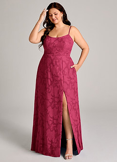 Azazie Moira Bridesmaid Dresses Burgundy A-Line Side Slit Floral Burnout Dress image1