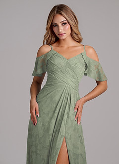 Azazie Dakota Jurken voor bruidsmeisjes Jurk van Bloemen Burn-out met A-Lijn Off the Shoulder Agave image3