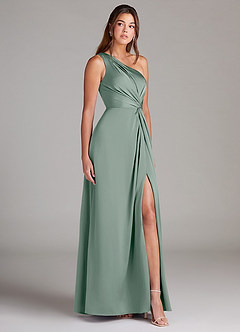 Azazie Brooke Robes de demoiselle d'honneur Robe Trapèze en Satin extensible Une épaule Sauge D'argent image5