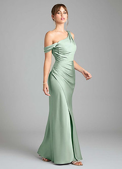 Azazie Madelyn Bridesmaid Dresses Agave Mermaid One Shoulder Stretch Satin Convertible Dress image12