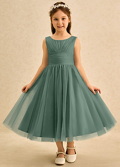 Azazie Macaron Jurken voor bloemenmeisjes A-Lijn Jurk van Tule Geplooid Eucalyptus image3