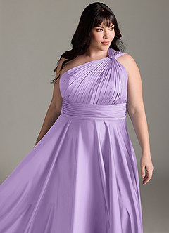 Azazie Charlize Bridesmaid Dresses Lilac A-Line One Shoulder Stretch Satin Dress image15