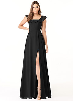 Azazie Jinny Bridesmaid Dresses Black A-Line Square Neckline Ruched Chiffon Dress image1