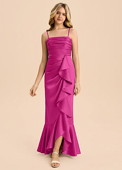 Azazie Ryan Junior Vestido de Fucsia de Satén Elástico de Corte Recto con Lazo image3