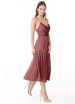Azazie Ceci Final Sale Terracotta A-Line Side Slit Stretch Satin Dress image3