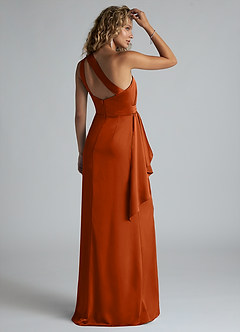 Azazie Maive Bridesmaid Dresses Burnt Orange Sheath Ruched Stretch Satin Dress image3