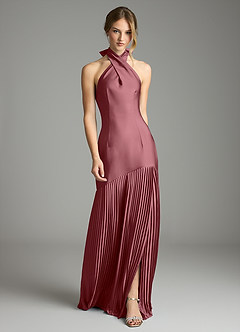 Azazie Nayeli Final Sale Desert Rose A-Line Pleated Stretch Satin Dress image1