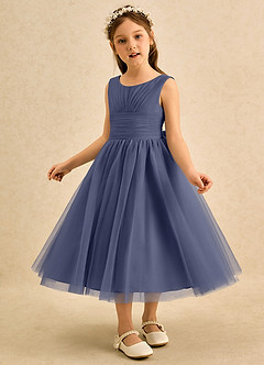 Azazie Macaron Robe Demoiselle D'honneur Fillette Robe Trapèze en Tulle Plissé Bleu Orageux image4