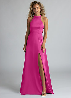 Azazie Clarice Bridesmaid Dresses Fuchsia A-Line High Neck Stretch Satin Dress image4