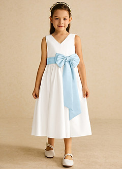 Azazie Darling Flower Girl Dresses Ivory Sky Blue A-Line Bow Cotton Dress image4