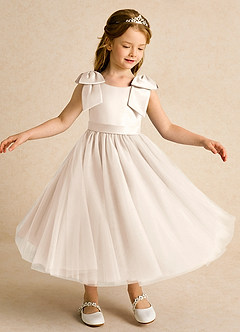Azazie Serene Flower Girl Dresses White Alabaster Ball-Gown Bow Matte Satin Dress image4