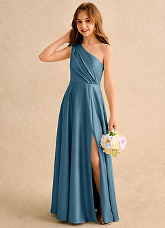 Azazie Puddles Girls Formal Robe Demoiselle D'honneur Fillette Robe Trapèze en Satin extensible Une épaule Bermude image3