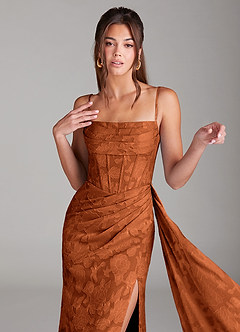 Azazie Denisa Bridesmaid Dresses Burnt Orange Sheath Pleated Floral Burnout Dress image6