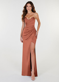 Azazie Yola Bridesmaid Dresses Clay Sheath V-Neck Pleated Stretch Satin Convertible Dress image1